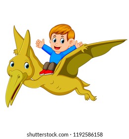 vector illustration of the boy sitting on the big pterodactylus and open his hand
