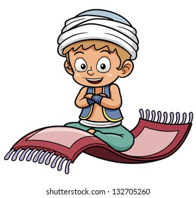 Vector Illustration Of Boy Sitting On Flying Carpet