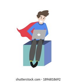 Ilustración vectorial con un niño sentado en un cubo y trabajando en una laptop. Ilustración empresarial. Ilustración vectorial plana.