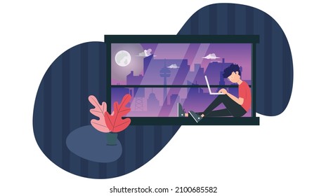 A vector illustration of a boy sitting on the windowsill and working, during nighttime