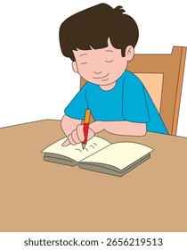 Niño de la Ilustración vectorial sentado en una silla y escribiendo