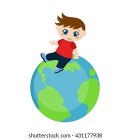 Vector illustration of boy sitting on blue planet. White background.