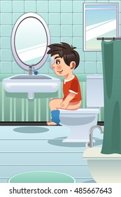 A vector illustration of a Boy Sitting on the Toilet in the Bathroom