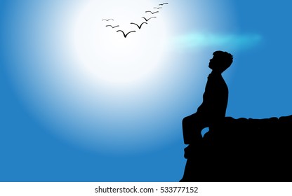 Vector illustration boy sitting on a rock.