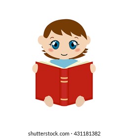 Vector illustration of boy sitting and reading book. White background.