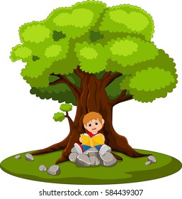 vector illustration of boy sitting and reading a book