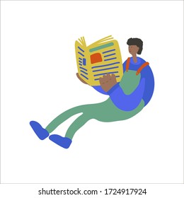 Imagen vectorial de un niño sentado que lee un periódico o noticias en una tableta. Eventos relacionados con noticias y eventos globales. Imágenes dibujadas a mano
