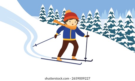 Ilustración vectorial de un niño esquiando en las montañas. Estilo plano.