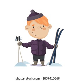 vector illustration boy is skiing.  winter holidays outdoors. children go in for winter sports.