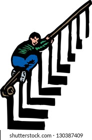 Vector Illustration Of Boy Sliding Down The Banister