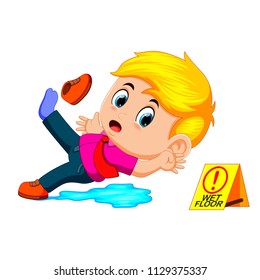 vector illustration of boy slipping on wet floor