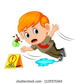 vector illustration of boy slipping on wet floor