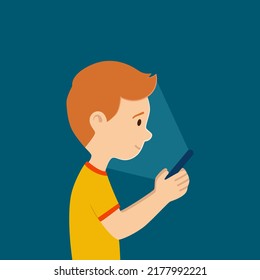 ilustración vectorial de un niño con un smartphone en sus manos. niño con teléfono en internet, red social o juego móvil
