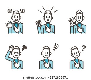 Vector illustration of a boy with a smartphone in one hand and various expressions on his face.