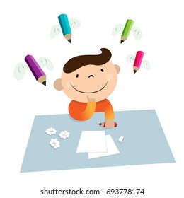 Vector illustration of a boy smiling and thinking his next work while pencils with wings flying around him.