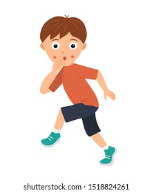 Vector illustration of a boy sneaking silently holding a finger at his mouth in sign of silence. Kid going cautiously asking not to reveal him or his secret. Flat funny character illustration