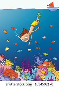 vector illustration of boy snorkeling diving underwater with coral reef and tropical fish