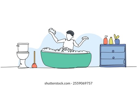 Vector illustration of a boy soak in a bathtub. Modern flat in continuous line style.