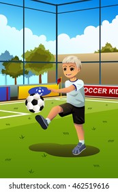 A vector illustration of a boy soccer player kicking a ball