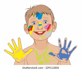 Vector illustration of a boy soiled in a paint