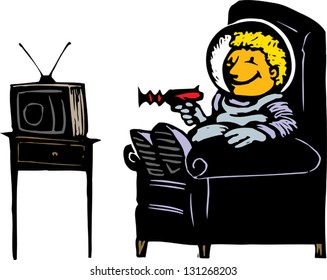 Vector illustration of a boy in spacesuit watching TV