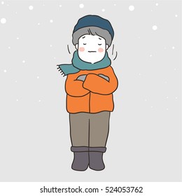 Vector illustration a boy standing alone in the snow,very cold weather winter season.Doodle cartoon style.