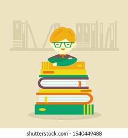 Vector illustration of a boy standing behind pile of books. Design for postcards, flyers, invitations, poster print. 