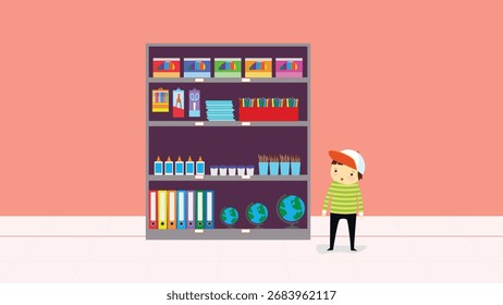 Ilustração vetorial de menino de pé na biblioteca com estantes e livros.