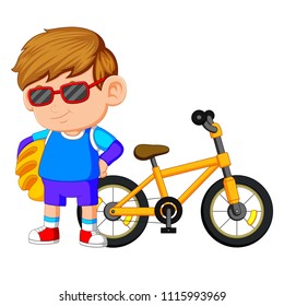 vector illustration of A Boy standing on the bike