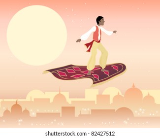 vector illustration of a boy standing on a magic carpet as it flies above a city in the far east at sunset in eps 10 format