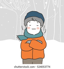 Vector illustration a boy standing in the snow,very cold weather winter season.Doodle cartoon style.