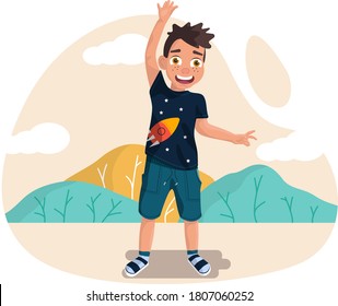 Vector illustration. The boy is standing and waving his hand hello.