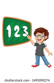 Vector illustration of a boy stands in front of the blackboard with a pointer