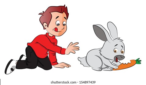 Vector illustration of boy sticking out tongue and hungrily looking at rabbit eating carrot.