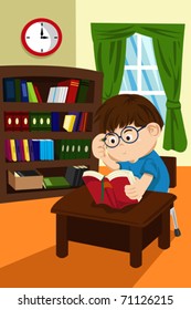 A vector illustration of a boy student studying and reading a book in the library