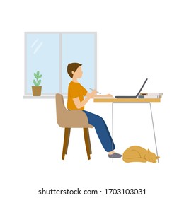  Vector illustration of a boy studying at home in front of a laptop. The child is sitting on a chair sideways, learning lessons in front of the computer, a cat is lying near his feet.