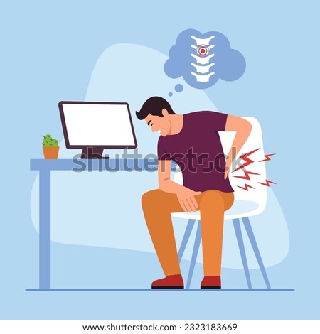 Vector illustration of a boy suffering from back pain. Cartoon scene with a guy working at a computer in the office and his back hurts from sitting at the desk isolated on a blue background.