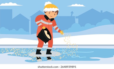 Vector illustration of a boy in a suit of Santa Claus cleaning a frozen lake