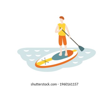 Vector illustration of boy sup surfing in the sea. Sup standup paddleboarding.