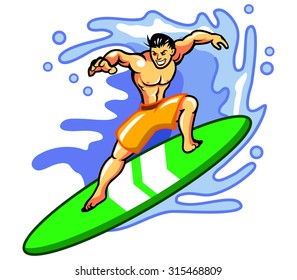 vector illustration of boy surfing in the sea.