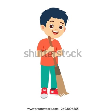 Vector illustration of a boy sweeping floor with broom
