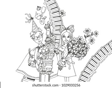 vector illustration, boy with sweets and girl with flowers, greeting card for holiday and birthday