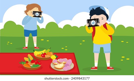 Vector illustration of a boy taking a picture of fruit on a picnic