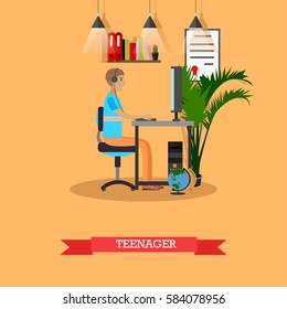 Vector illustration of boy teenager working at the computer or playing the computer. Modern gadgets concept design element in flat style.