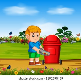 vector illustration of the boy throw the danger things to the red bin in the garden