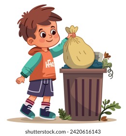 Imagen vectorial de un niño tirando una bolsa de basura al cubo de basura. 