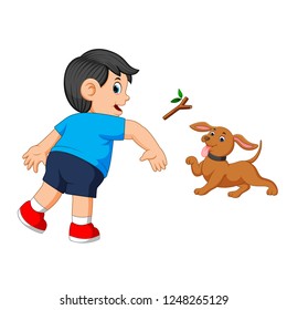 vector illustration of Boy throws a stick to his dog