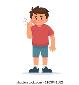 vector illustration boy touch his cheek because of tooth ache, sick boy holding his cheek