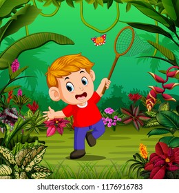 vector illustration of the boy tries to catch a butterfly in the forest