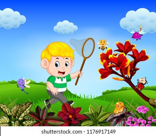vector illustration of the boy tries to catch a butterfly in the garden